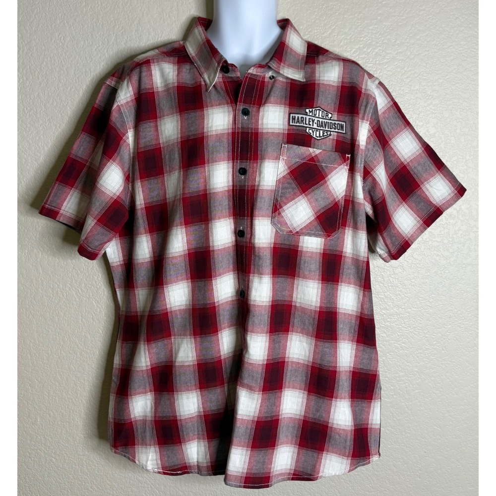 Harley Davidson Mens XL Shirt Red White Plaid Short Sleeve Embroidered‎ Graphic